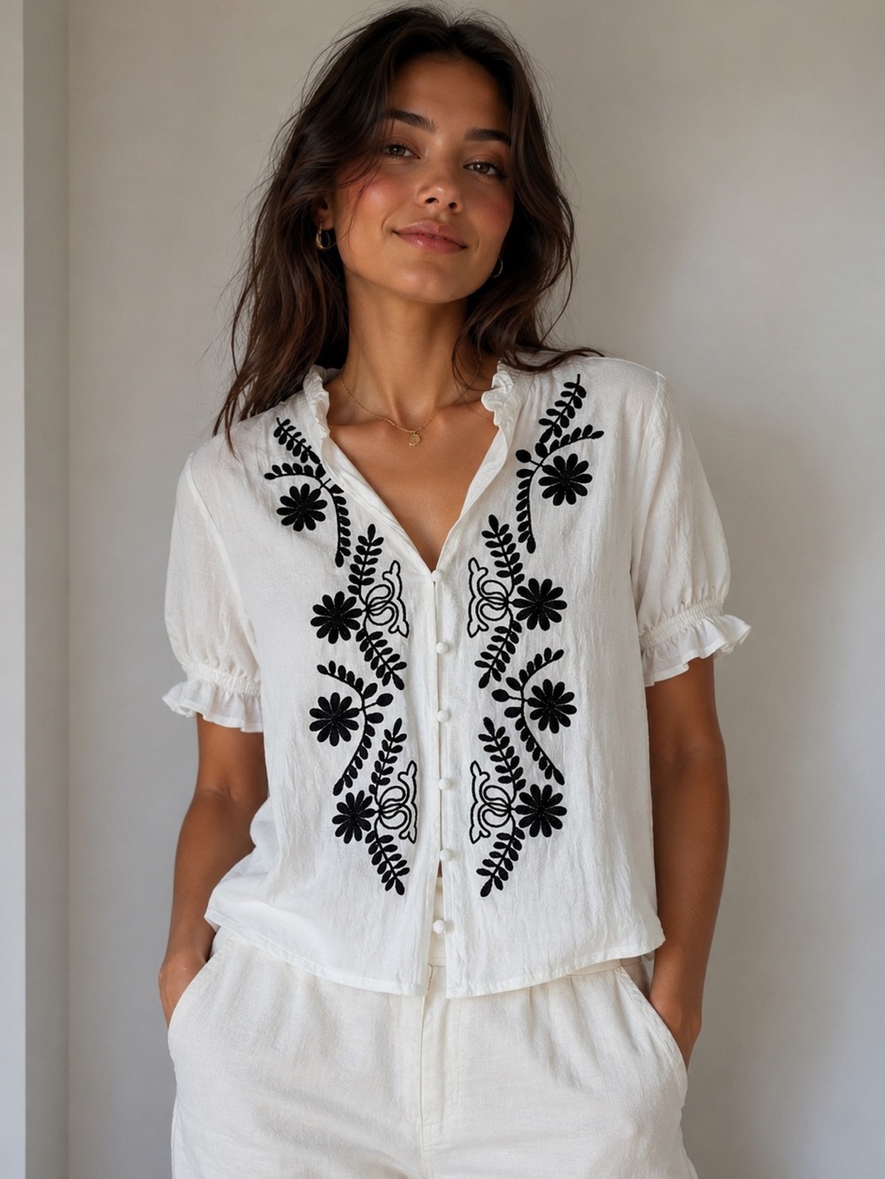Cupshe White Button-Front Top with Black Floral Embroidery